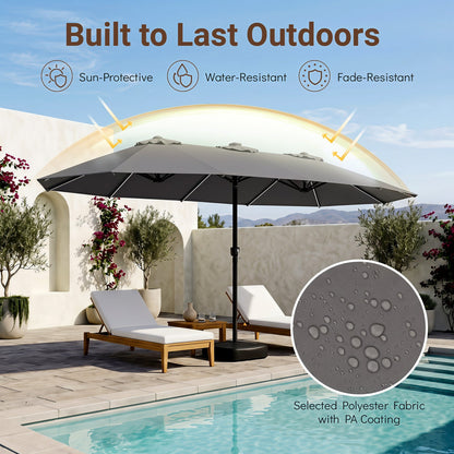 15.5 ft patio umbrella DirectDeals with gray canopy, LED lights, and base, poolside on Tampa Home & Garden Store