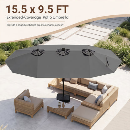 Patio umbrella DirectDeals 15.5 ft dark gray canopy with solar LED lights and base on Tampa Home & Garden Store