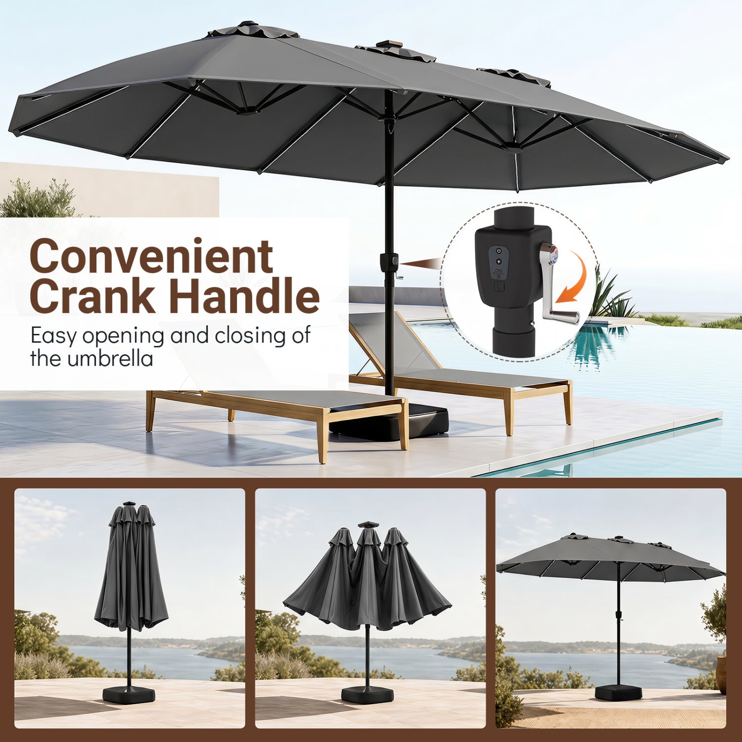 DirectDeals 15.5 ft Black Patio Umbrella with Solar LED Lights and Base on Tampa Home & Garden Store