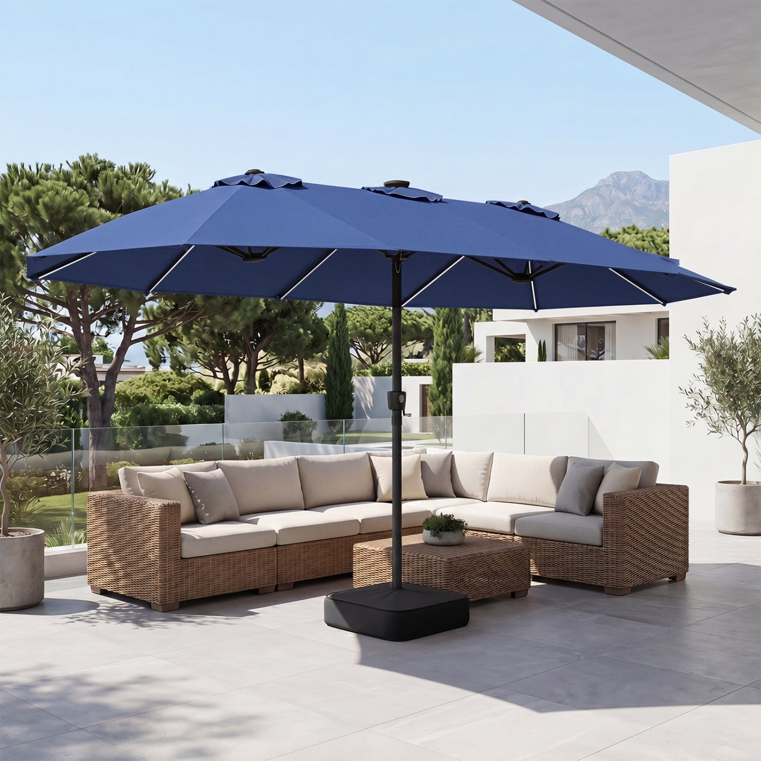 15.5 ft DirectDeals blue patio umbrella with solar LED lights and a base on Tampa Home & Garden Store
