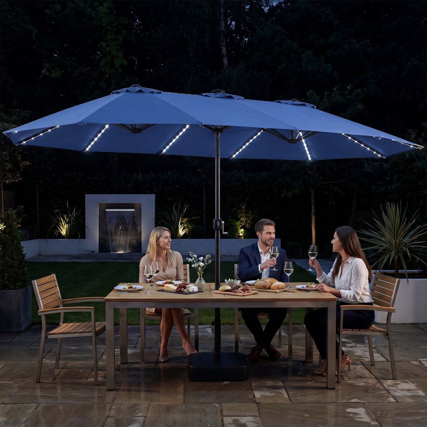 Patio umbrella DirectDeals blue 15.5 ft with solar LED lights and base on Tampa Home & Garden Store