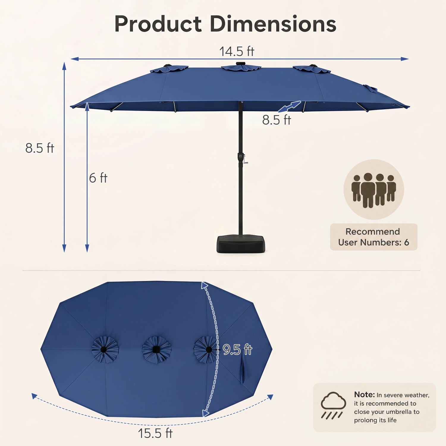 Patio Umbrella DirectDeals 15.5 ft with solar LED lights and base, blue canopy with crank on Tampa Home & Garden Store