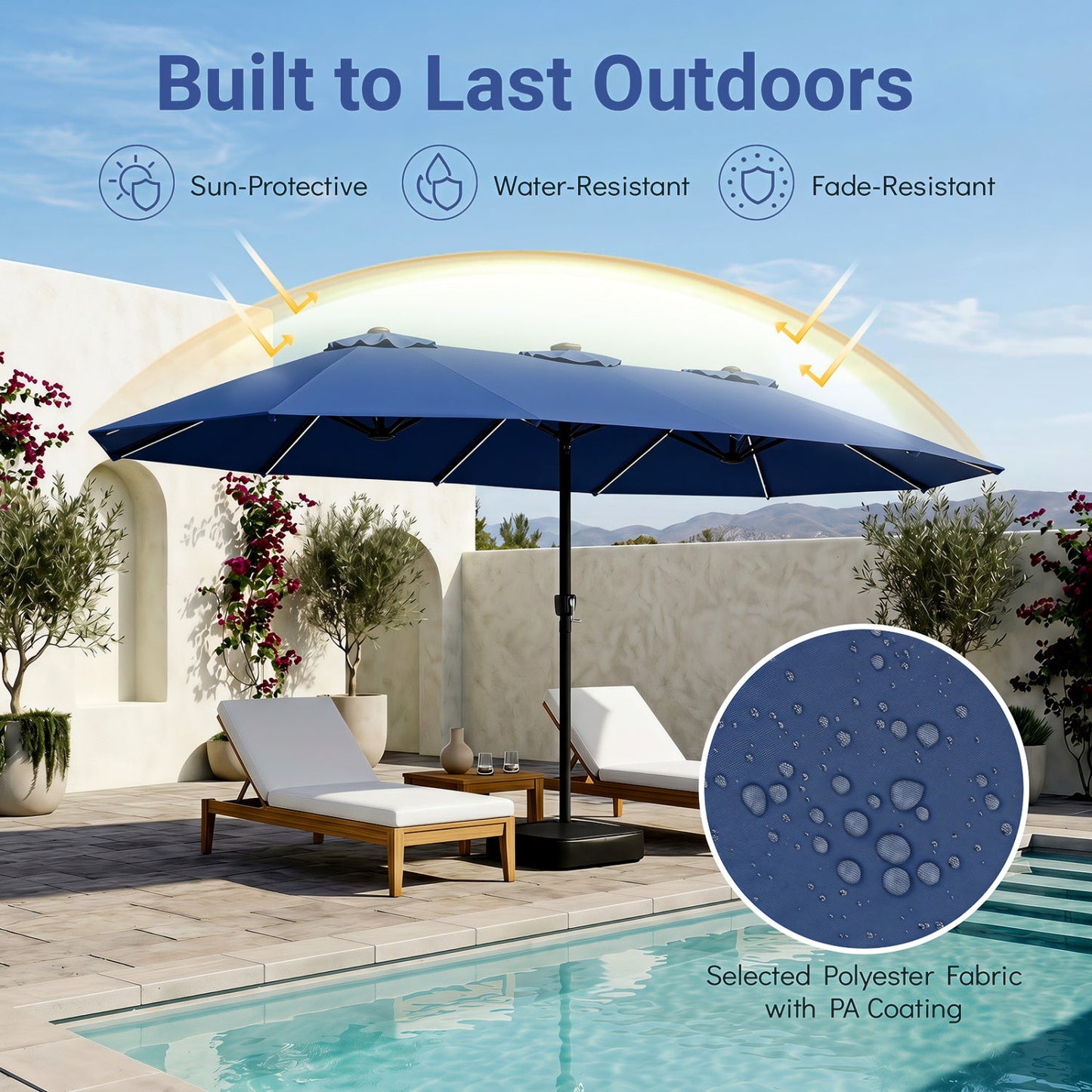 Patio umbrella DirectDeals 15.5 ft blue canopy with solar LED lights and base on Tampa Home & Garden Store