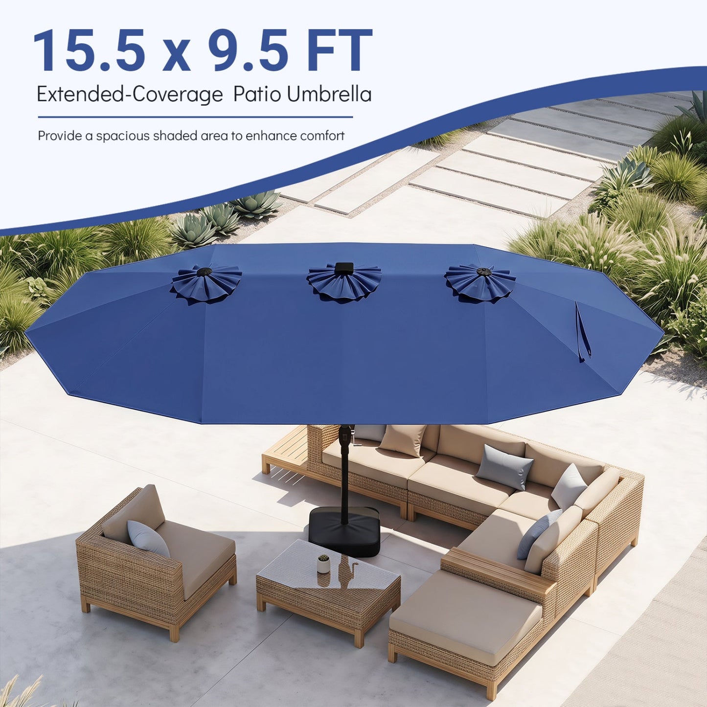 Patio Umbrella DirectDeals 15.5 ft blue canopy with solar LED lights and base over a beige wicker outdoor seating set on Tampa Home & Garden Store