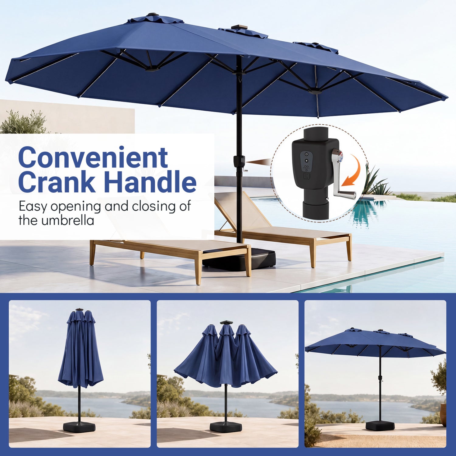 DirectDeals 15.5 ft blue patio umbrella with convenient crank handle and base by pool on Tampa Home & Garden Store