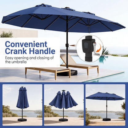 DirectDeals 15.5 ft blue patio umbrella with convenient crank handle and base by pool on Tampa Home & Garden Store