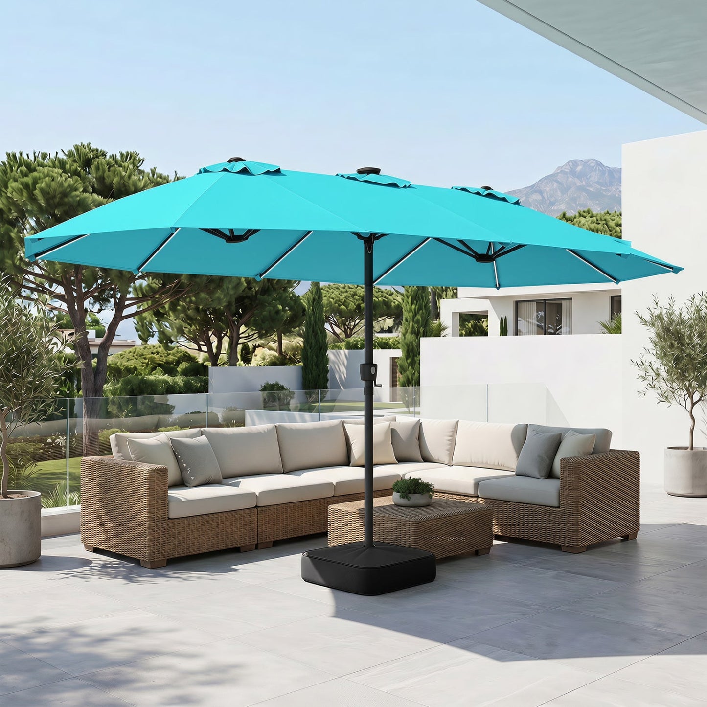 Patio Umbrella DirectDeals turquoise 15.5 ft with solar LED lights and base on Tampa Home & Garden Store