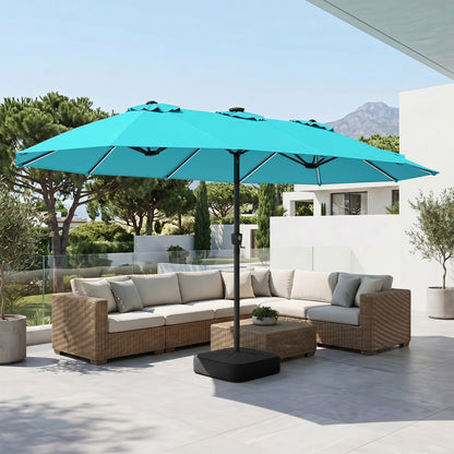 Patio Umbrella DirectDeals turquoise 15.5 ft with solar LED lights and base on Tampa Home & Garden Store