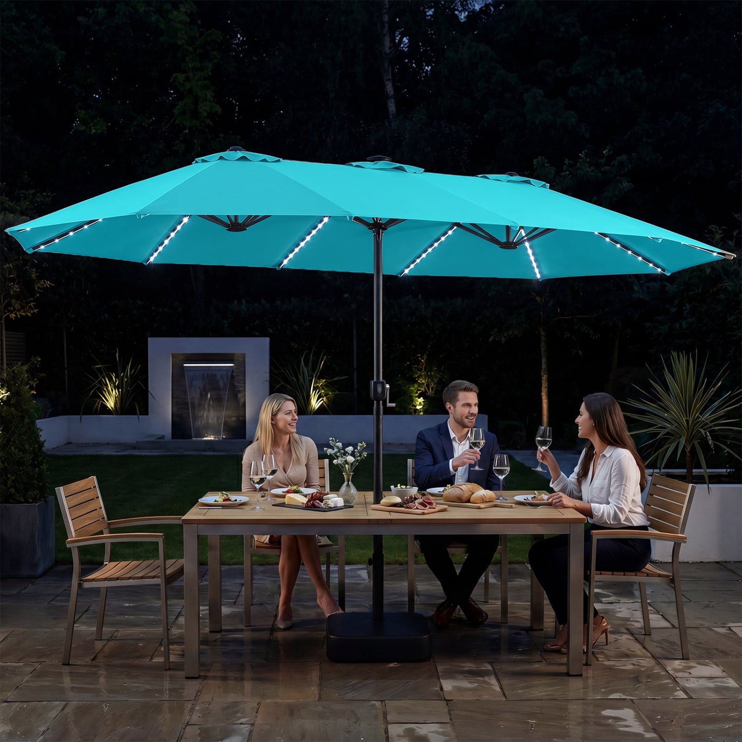 Patio Umbrella teal 15.5 ft with solar LED lights and sturdy base on Tampa Home & Garden Store