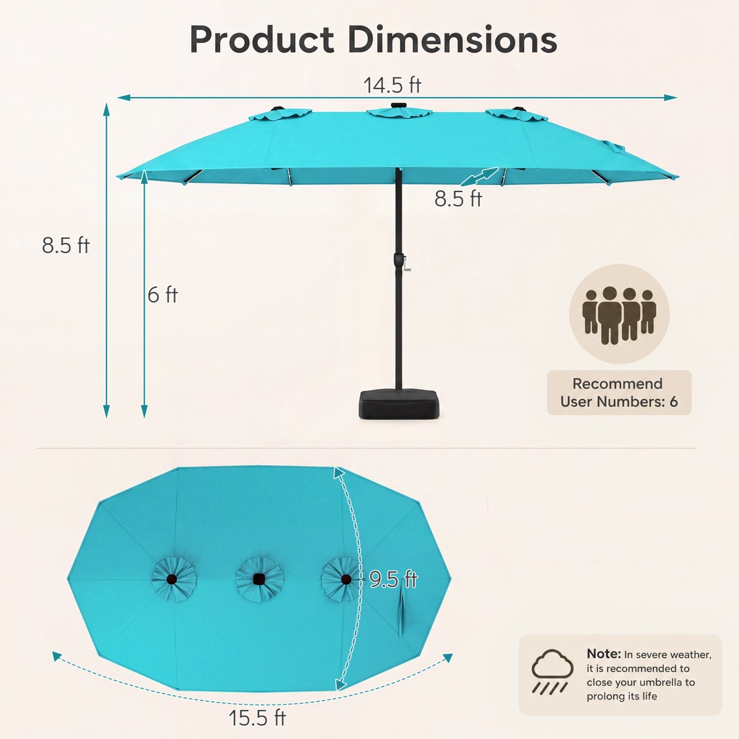 Patio Umbrella DirectDeals 15.5 ft turquoise canopy with solar LED lights and base on Tampa Home & Garden Store