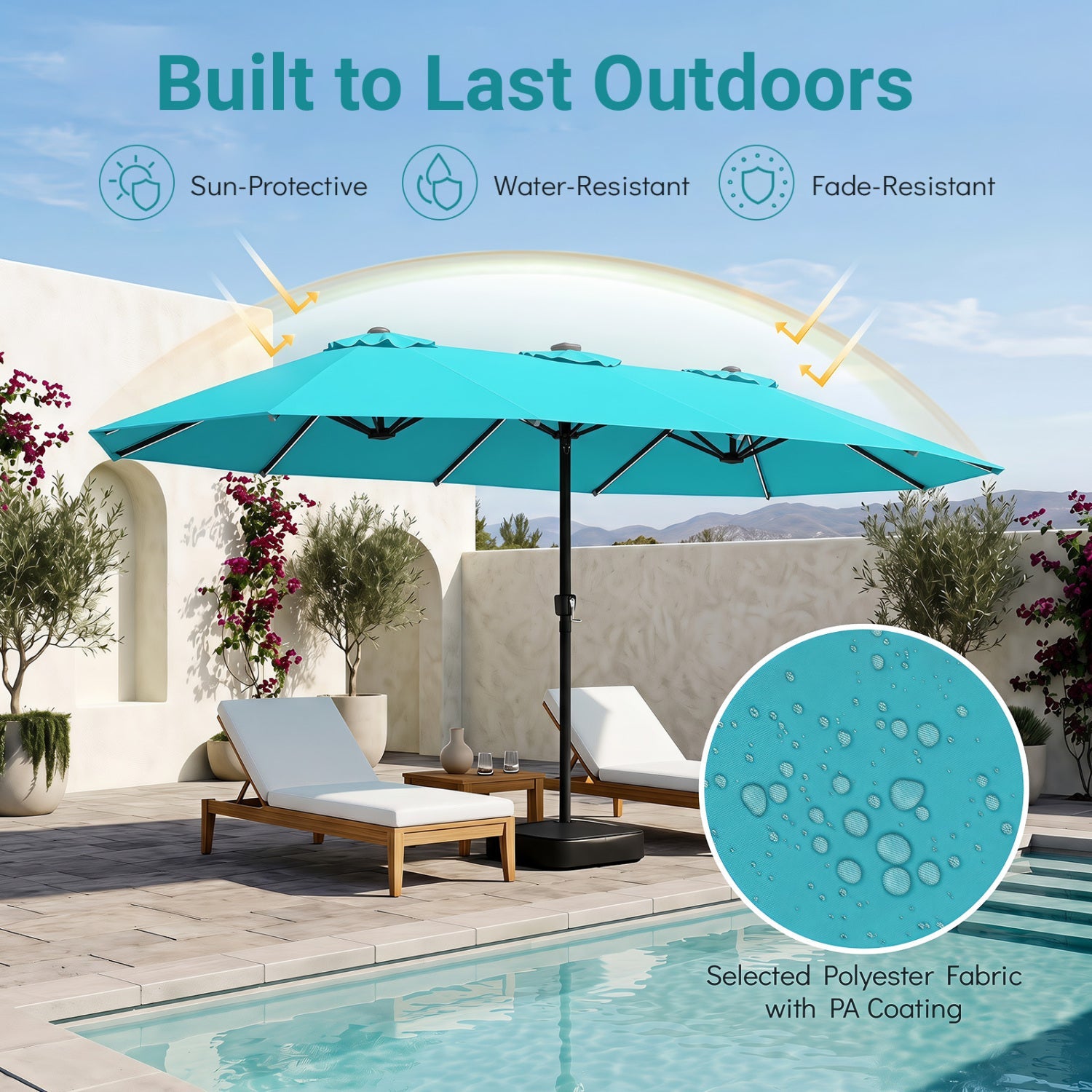 Patio umbrella 15.5 ft turquoise with solar LED lights and base, DirectDeals, polyester on Tampa Home & Garden Store