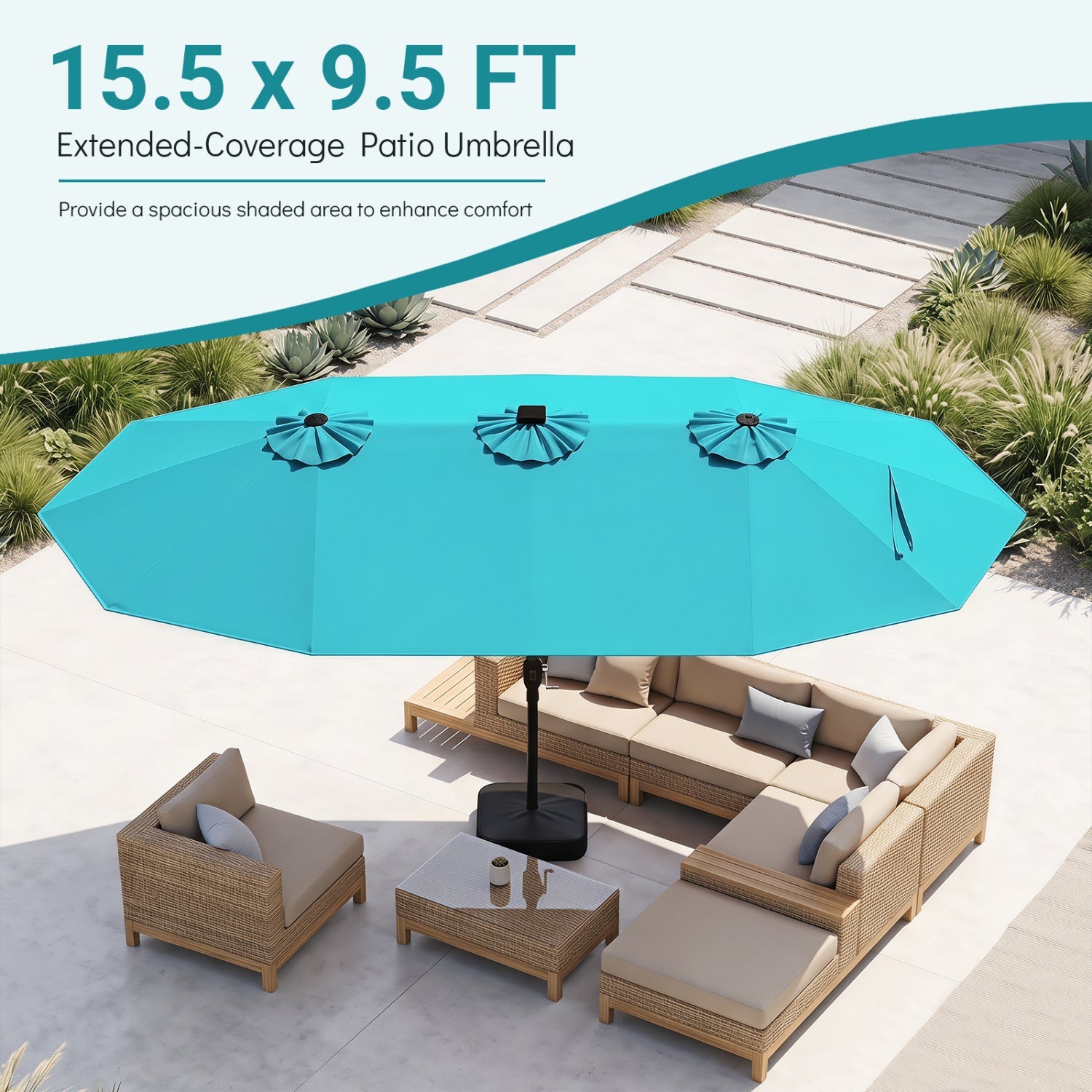 DirectDeals 15.5 ft Patio Umbrella turquoise canopy with built-in solar LED lights and base on Tampa Home & Garden Store