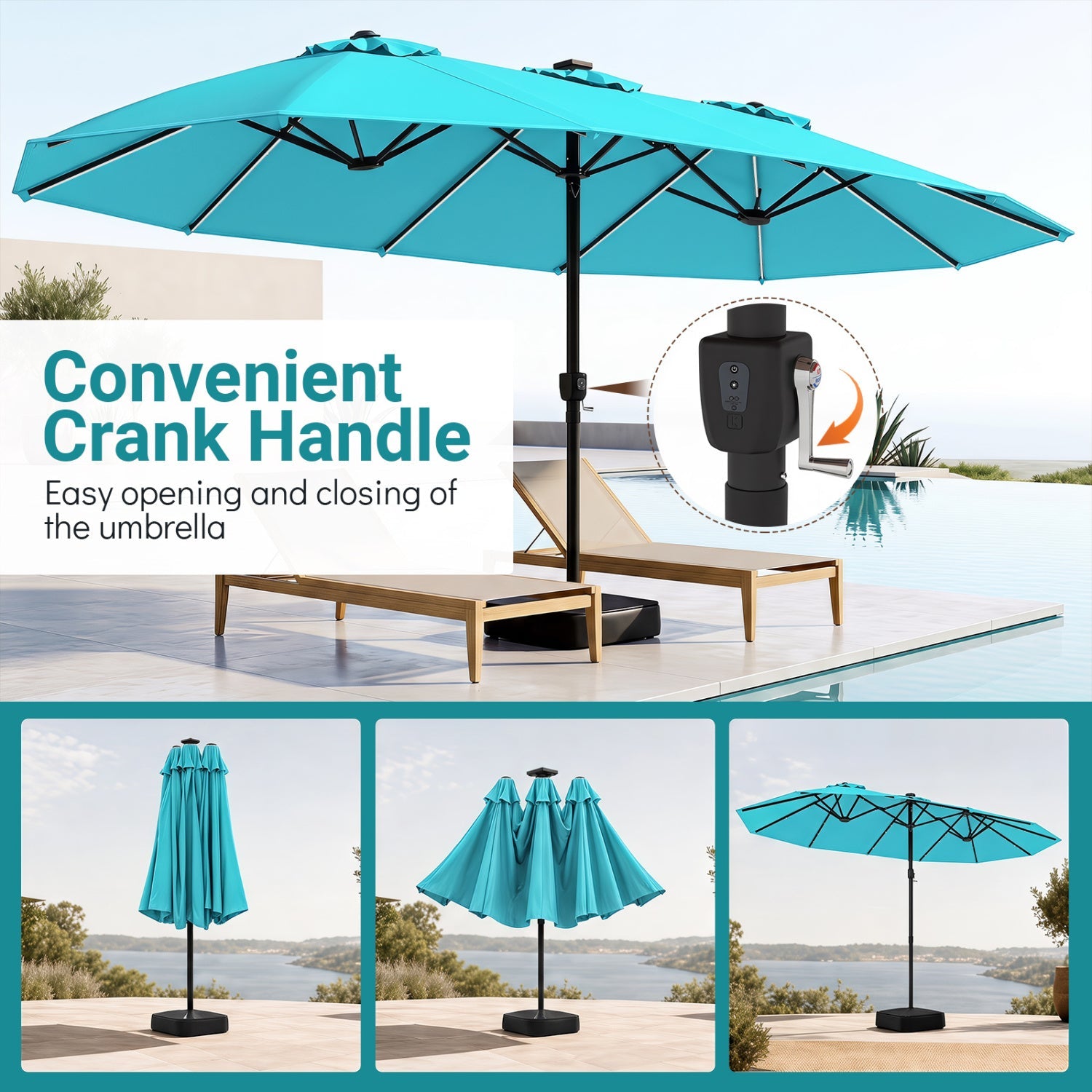15.5 ft turquoise patio umbrella with solar LED lights and crank handle DirectDeals on Tampa Home & Garden Store