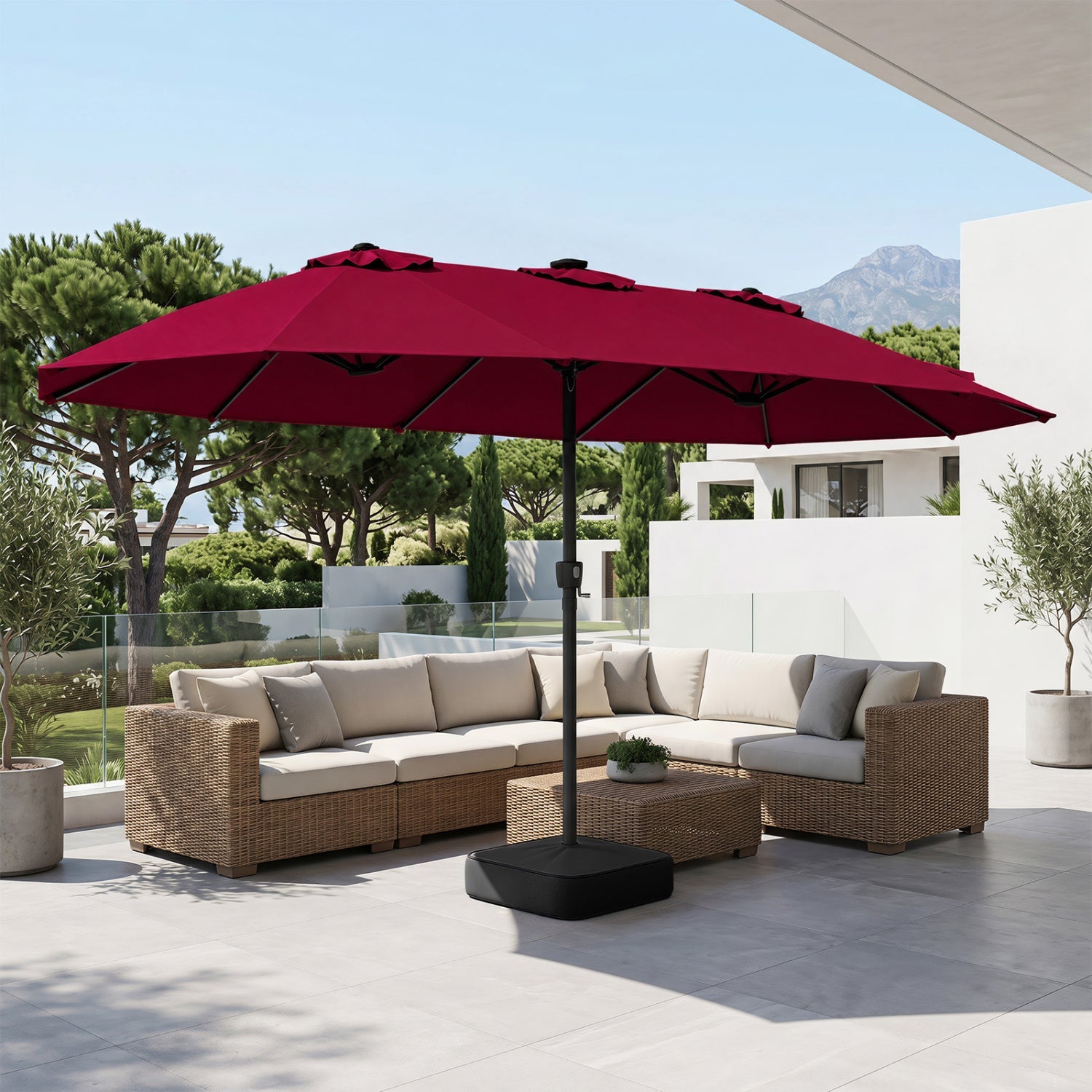 15.5 ft patio umbrella DirectDeals burgundy canopy with solar LED lights and base on Tampa Home & Garden Store