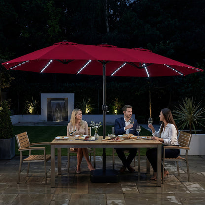 15.5 ft patio umbrella with solar LED lights and base, red canopy over dining table on Tampa Home & Garden Store
