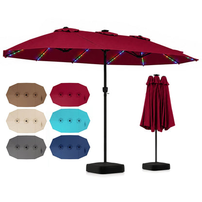 DirectDeals 15.5 ft patio umbrella with solar LED lights and base in burgundy; six color swatches on Tampa Home & Garden Store