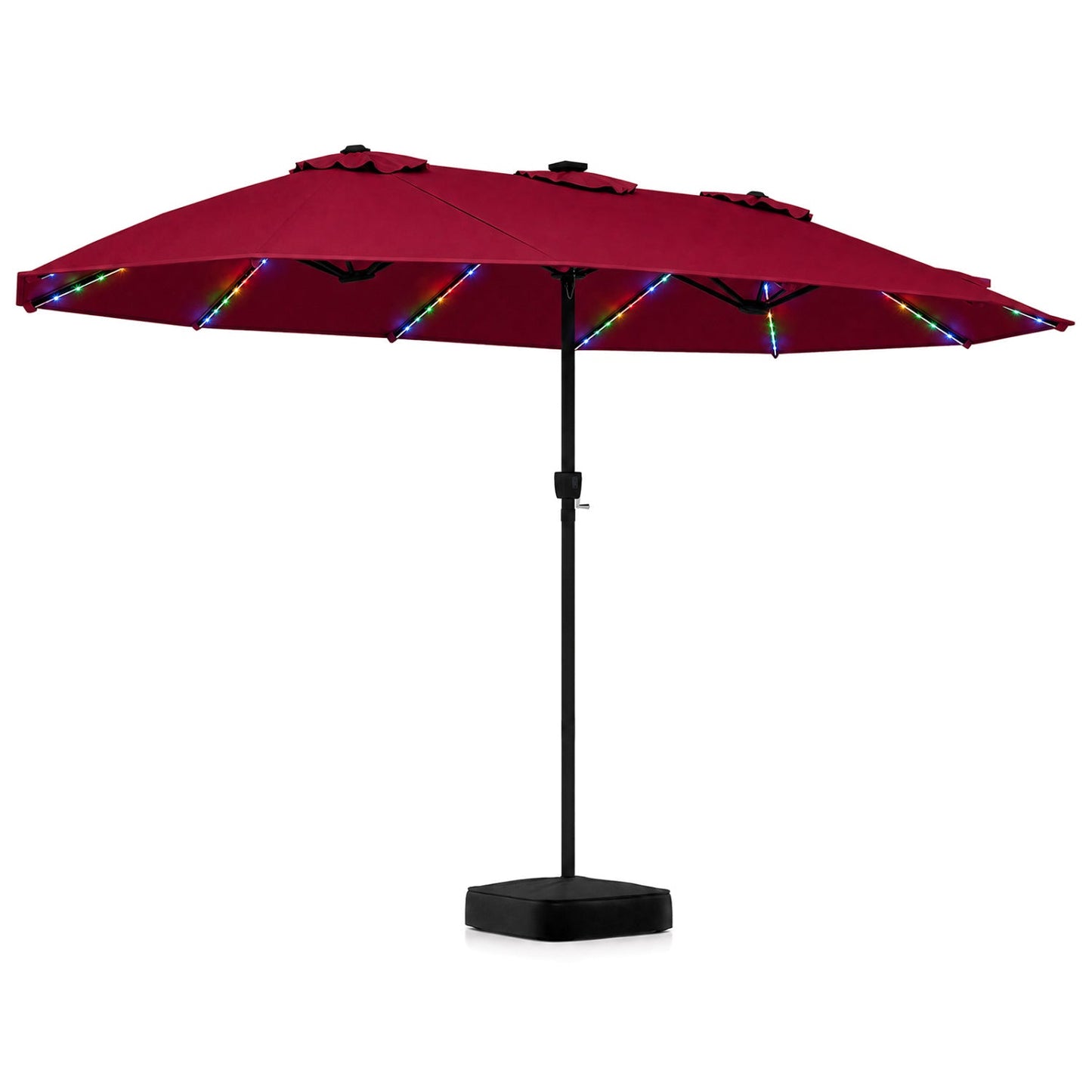 Patio umbrella DirectDeals 15.5 ft red canopy with solar LED lights and base on Tampa Home & Garden Store
