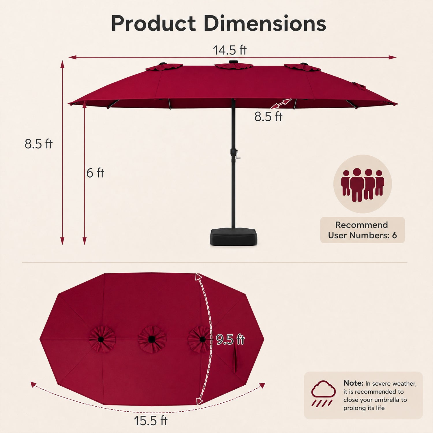 Patio Umbrella 15.5 ft, red canopy with solar LED lights, DirectDeals umbrella with base on Tampa Home & Garden Store