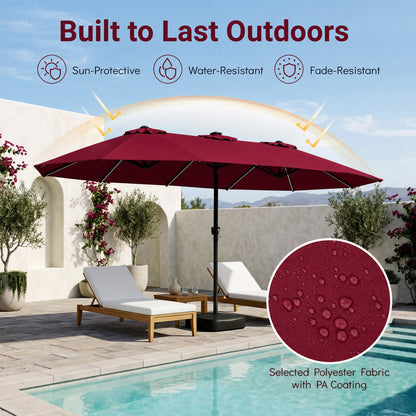 Patio Umbrella DirectDeals 15.5 ft burgundy fabric with base and solar LED lights on Tampa Home & Garden Store