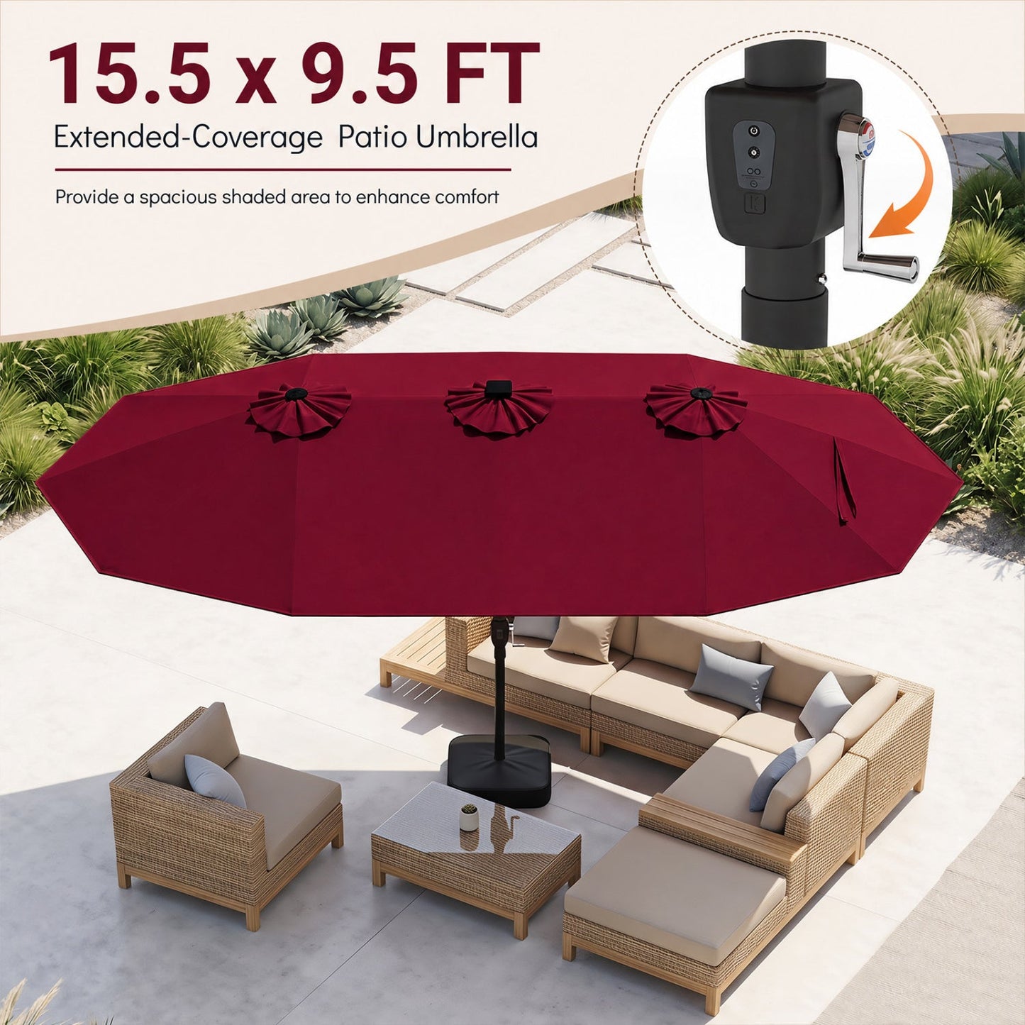 Patio umbrella 15.5 ft burgundy DirectDeals with solar LED lights and base over wicker seating on Tampa Home & Garden Store