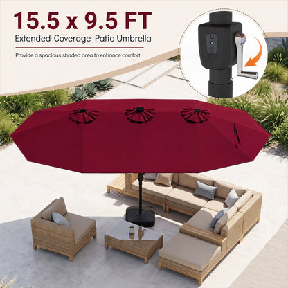 Patio umbrella 15.5 ft burgundy DirectDeals with solar LED lights and base over wicker seating on Tampa Home & Garden Store