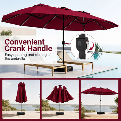 Patio Umbrella 15.5 ft by DirectDeals with red canopy, crank handle, solar LED lights, and base on Tampa Home & Garden Store