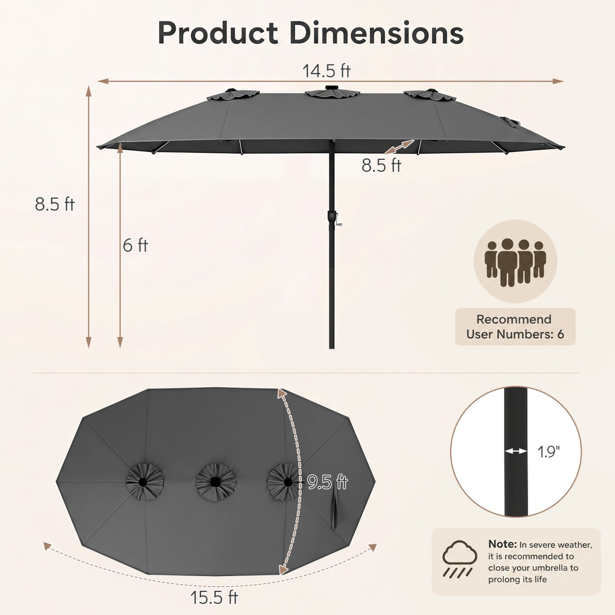Patio umbrella 15.5ft with crank and solar LED lights, DirectDeals, gray canopy on Tampa Home & Garden Store