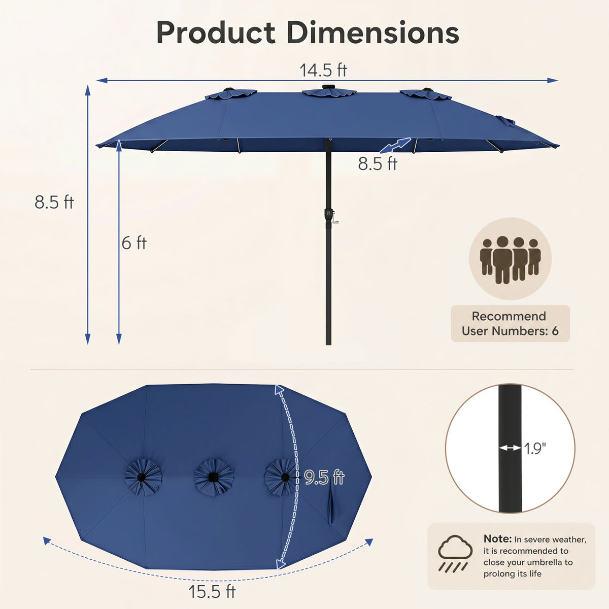 Patio Umbrella 15.5ft blue fabric with crank and solar LED lights by DirectDeals on Tampa Home & Garden Store