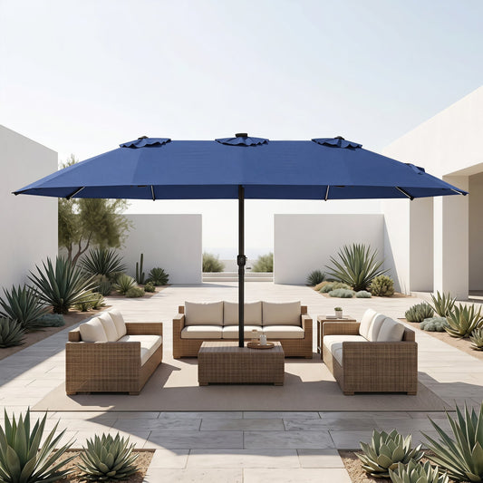 Patio Umbrella 15.5ft blue DirectDeals with solar LED lights and crank on Tampa Home & Garden Store
