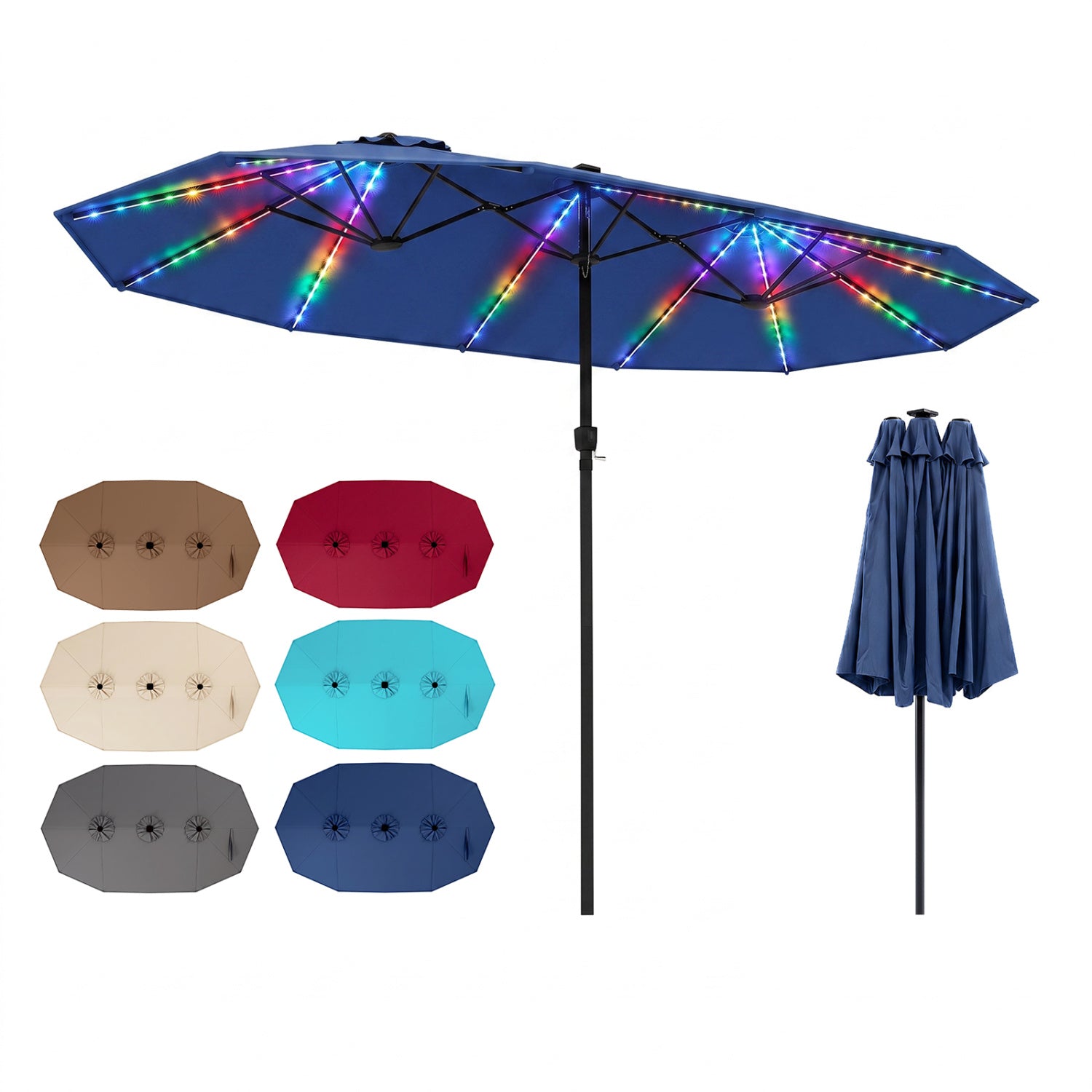 Patio Umbrella 15.5ft with solar LED lights and crank by DirectDeals, blue on Tampa Home & Garden Store