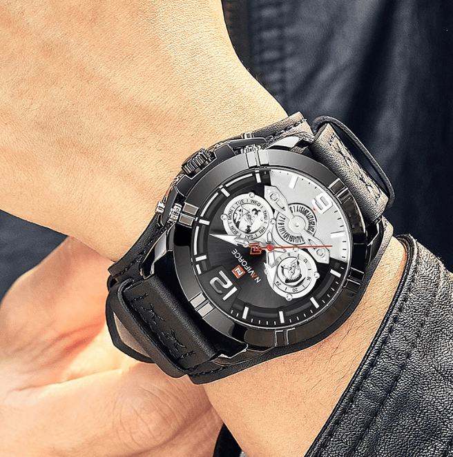 Stevvex men's leather waterproof watch with chronometers and fluorescent hands, black dial on Tampa Home & Garden Store