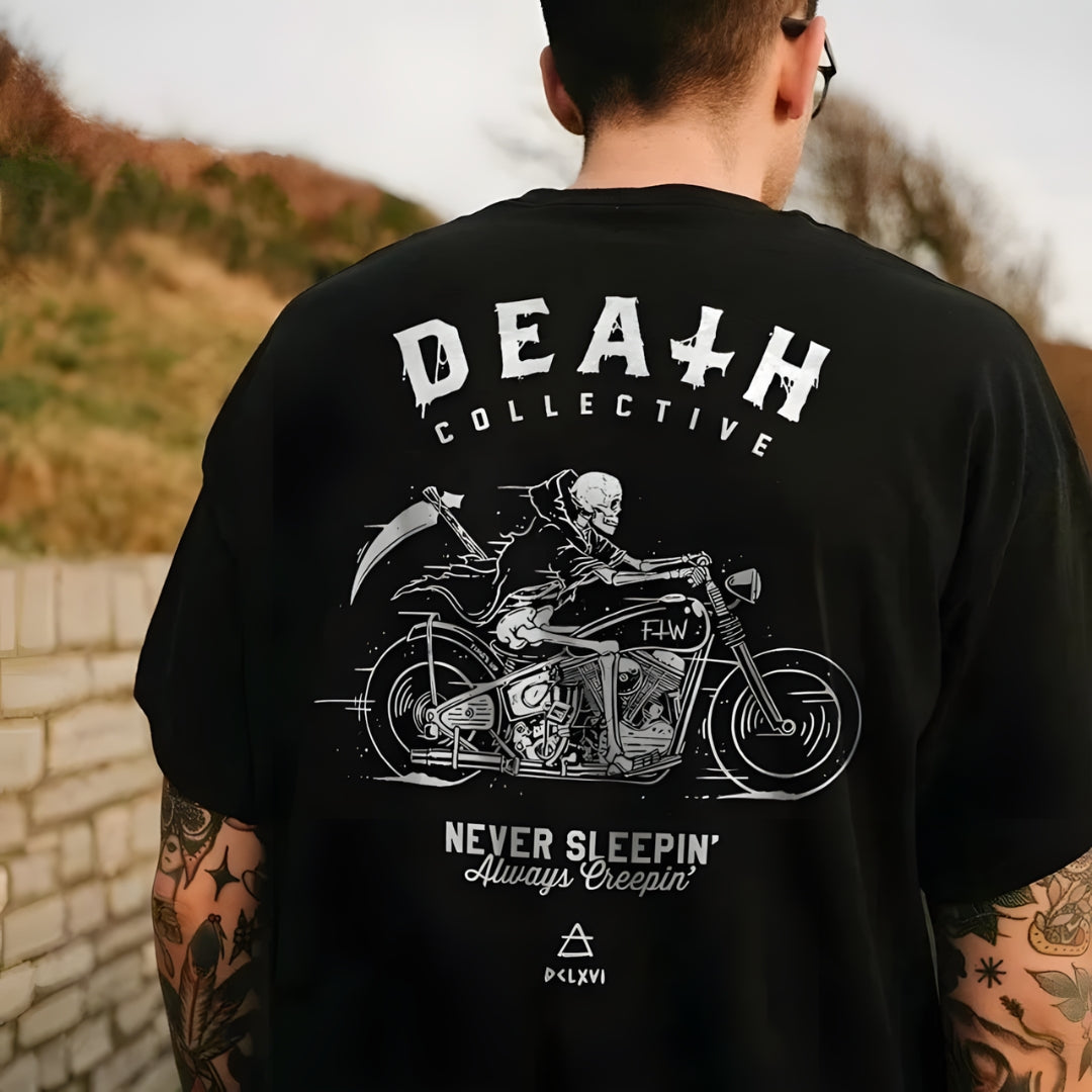 Style & Fashion Graphic Cotton T-shirt for Biker with Death Collective biker graphic on back on Tampa Home & Garden Store