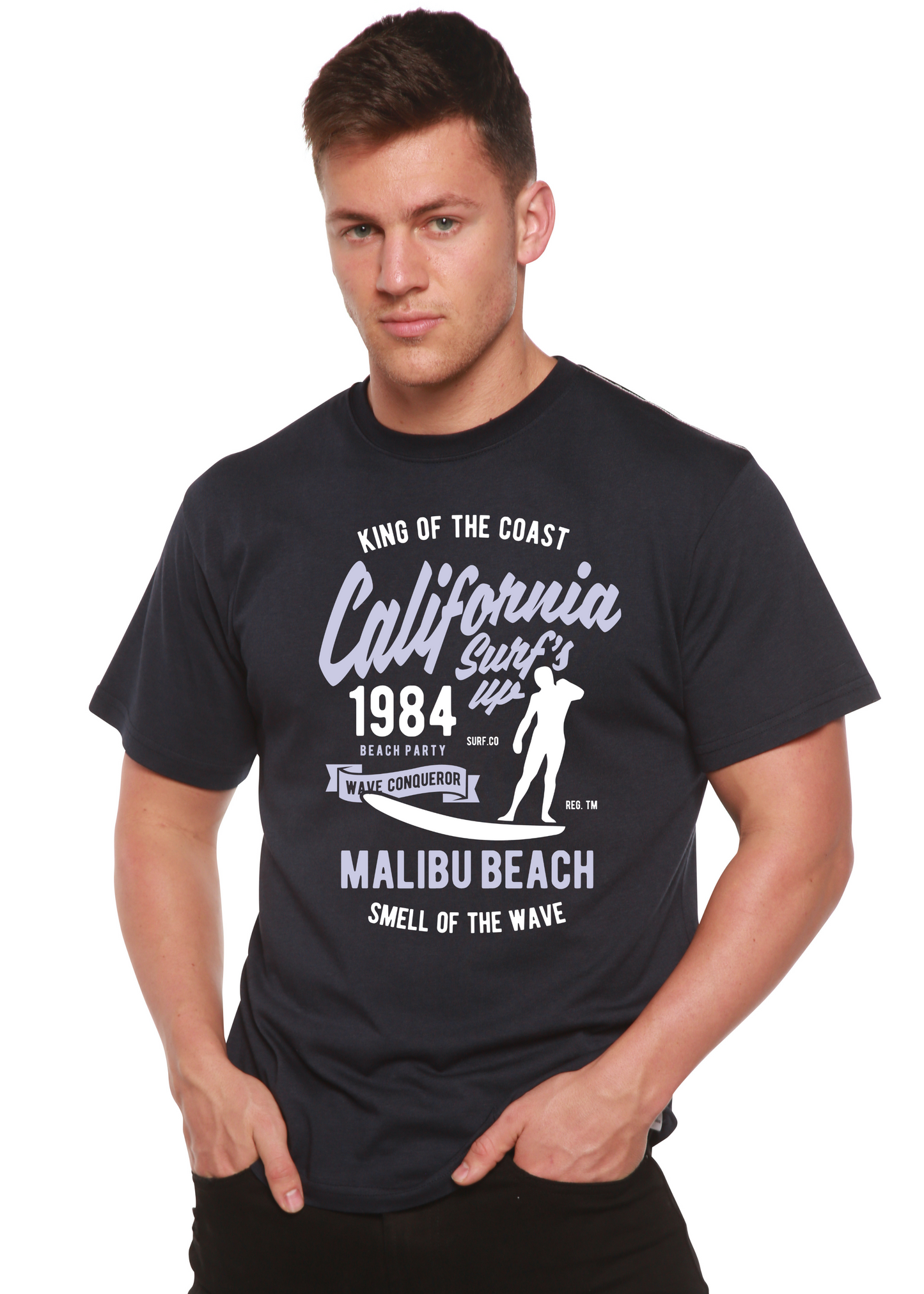 Spun Bamboo California 1984 men's graphic T-shirt navy with surf motif on Tampa Home & Garden Store