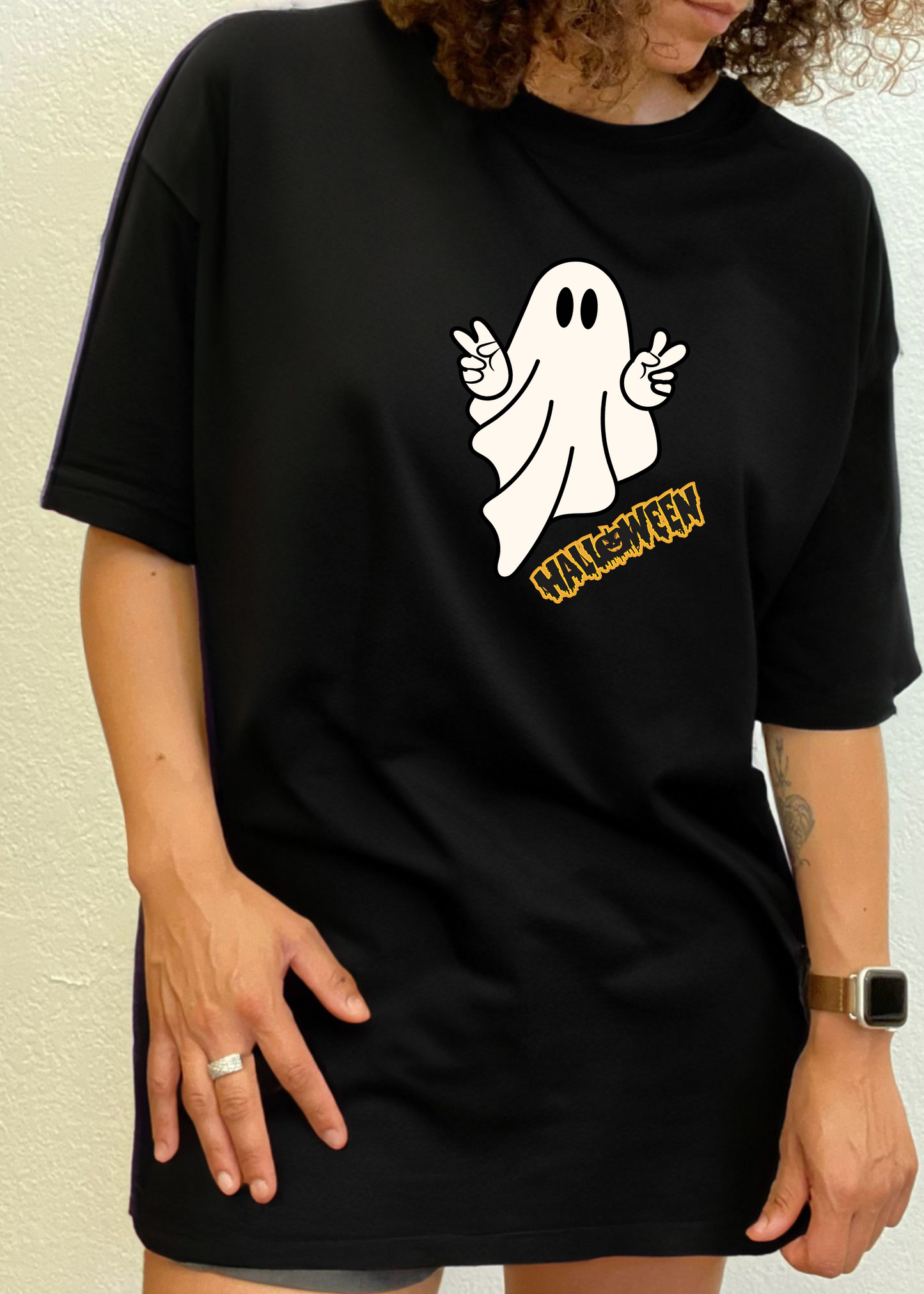 Halloween Ghost unisex sleeve graphic tee in black by Spun Bamboo viscose/organic cotton on Tampa Home & Garden Store