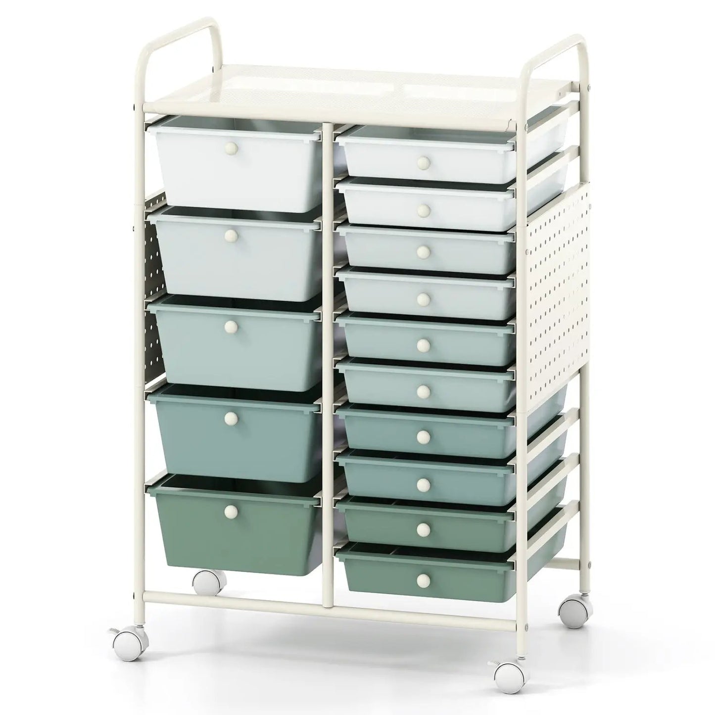15-Drawer Rolling Storage Cart With Pegboard