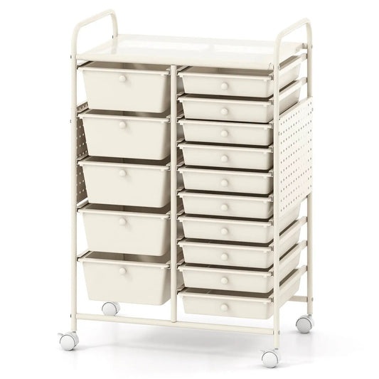 15-Drawer Rolling Storage Cart With Pegboard