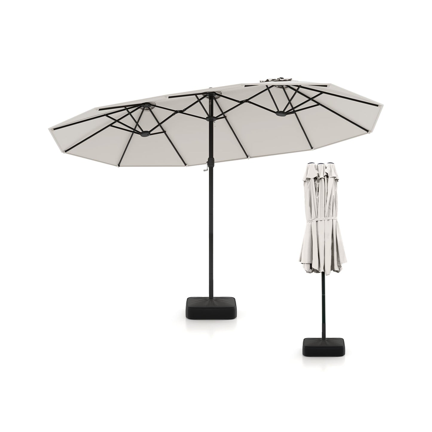 15 Feet Double-Sided Twin Patio Umbrella with Crank and Base-Brown