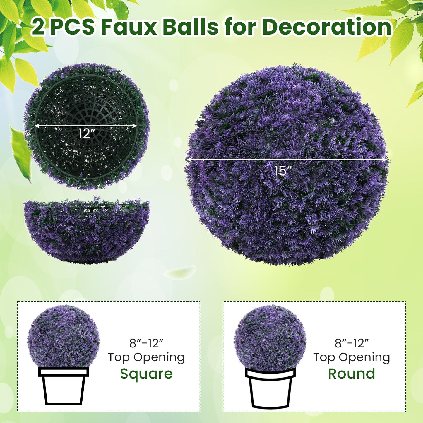 Bolas de topiario de boj artificial redondas de 15 pulgadas, juego de 2 para interior/exterior - Morado