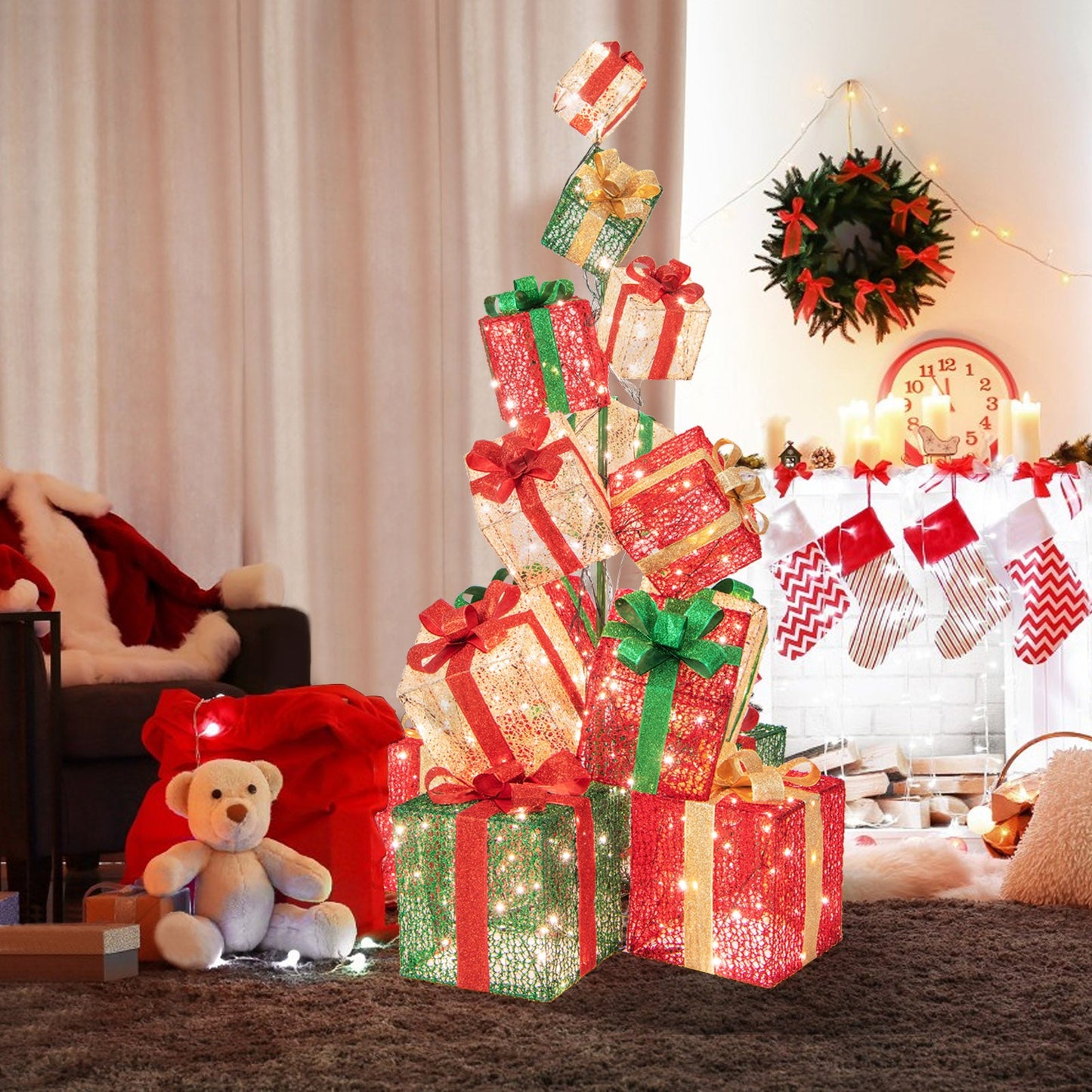 15-stack lighted Christmas gift box tower DirectDeals red green gold with 450 warm white lights on Tampa Home & Garden Store