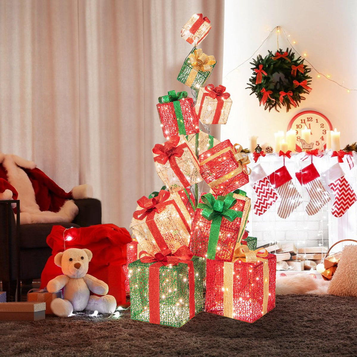 15-stack lighted Christmas gift box tower DirectDeals red green gold with 450 warm white lights on Tampa Home & Garden Store