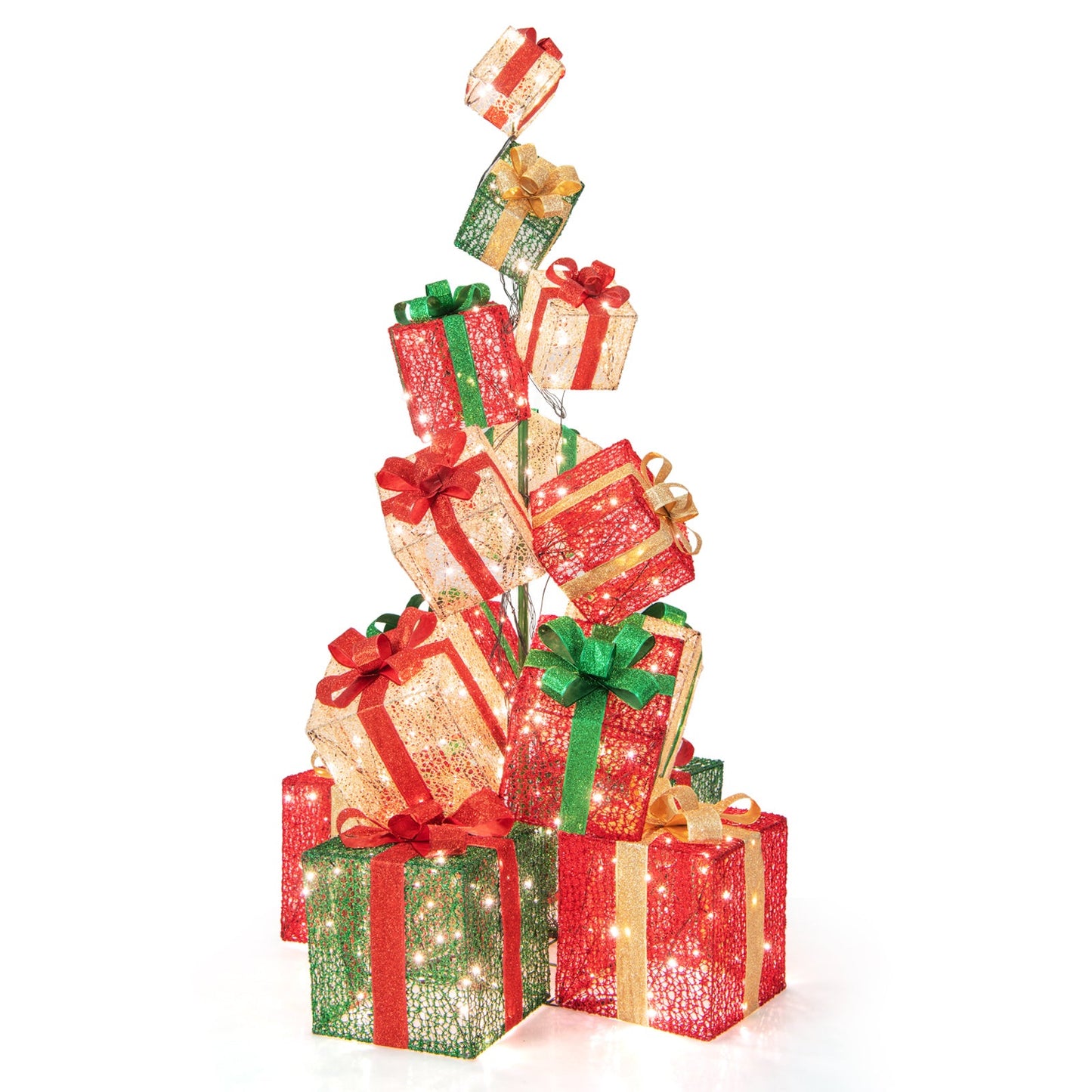 15 stacked lighted Christmas gift box tower with 450 white lights on Tampa Home & Garden Store