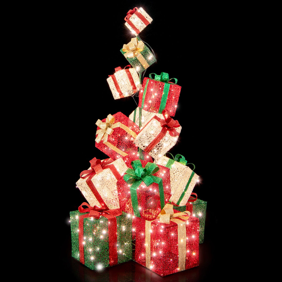 15 stacked lighted gift boxes tower in red, green and gold glitter with warm white lights on Tampa Home & Garden Store