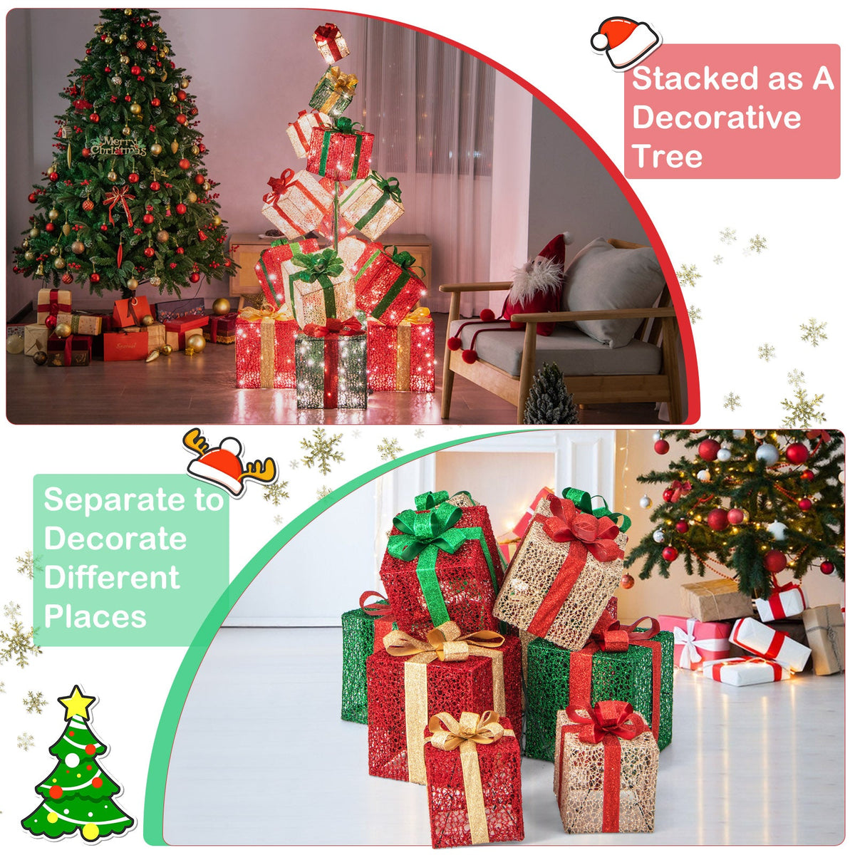 15-tier lighted gift box tower with 450 warm white lights red green gold boxes on Tampa Home & Garden Store