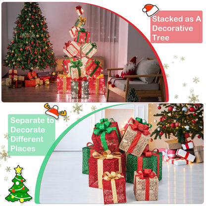 15-tier lighted gift box tower with 450 warm white lights red green gold boxes on Tampa Home & Garden Store
