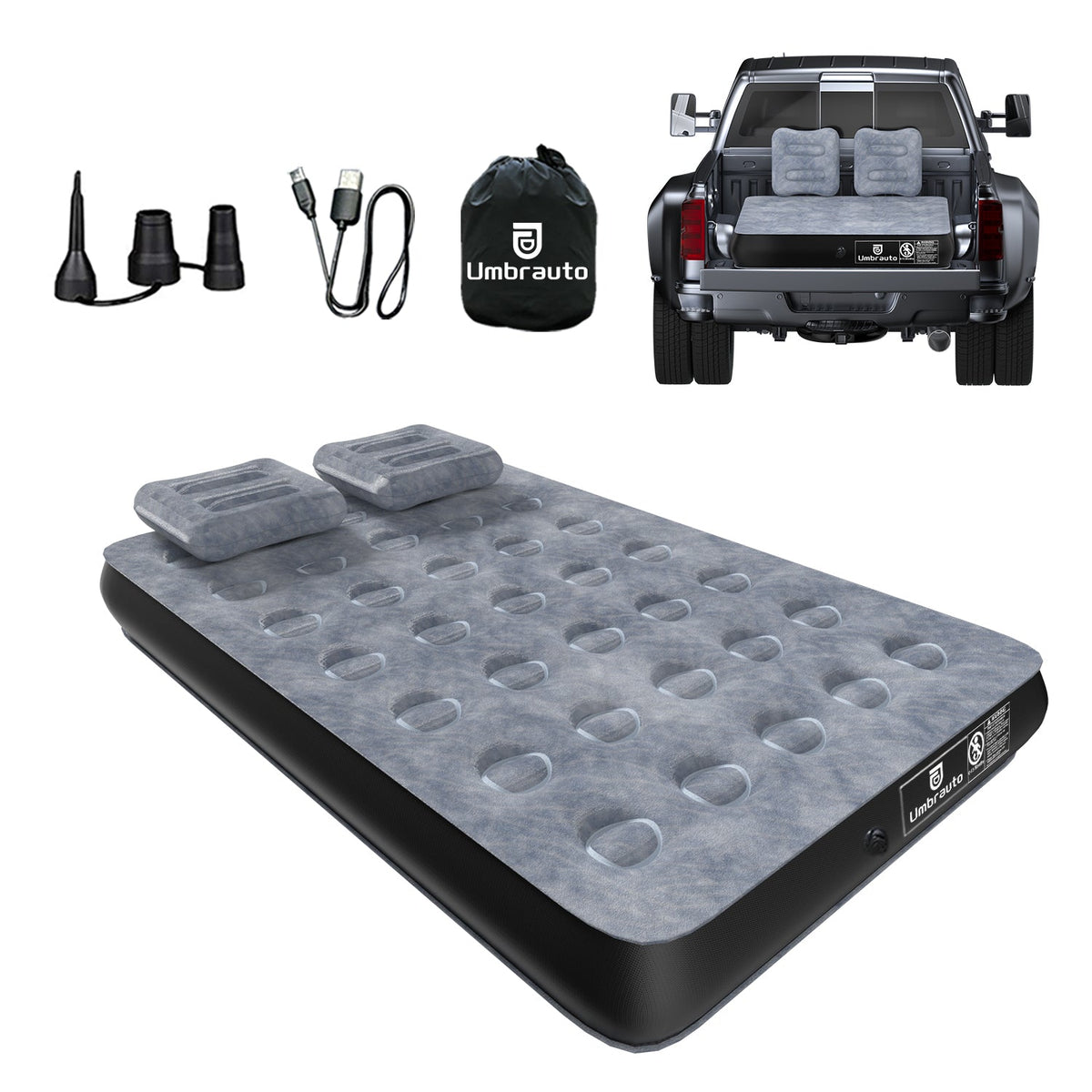 Umbrauto truck bed air mattress with wireless rechargeable pump, grey bed with two head pillows on Tampa Home & Garden Store