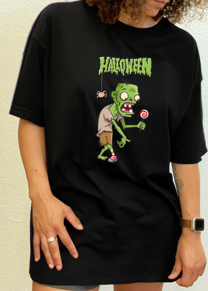 Halloween Green Monster graphic tee with a green zombie holding a lollipop by Spun Bamboo on Tampa Home & Garden Store