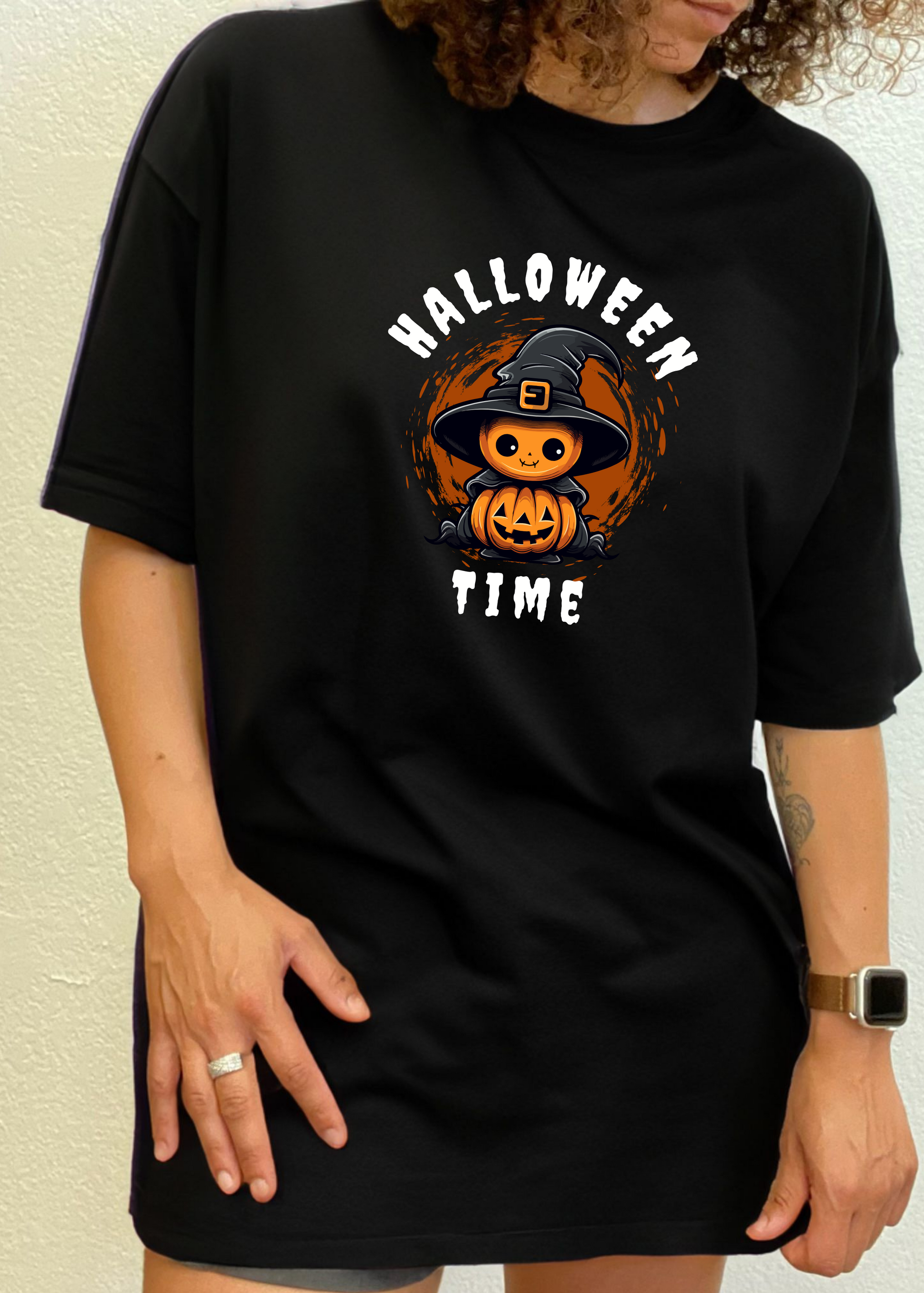Halloween Time unisex graphic T-shirt by Spun Bamboo in black with pumpkin witch hat on Tampa Home & Garden Store