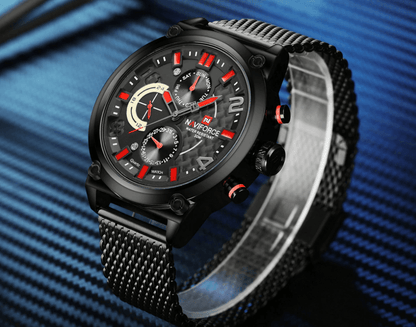 Naviforce men's multifunction quartz watch with mesh band black case red markers water resistant on Tampa Home & Garden Store