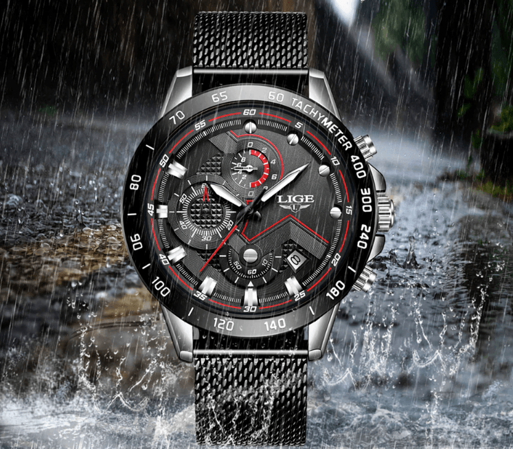 Men's sports waterproof watch with stainless steel mesh bracelet, black dial on Tampa Home & Garden Store