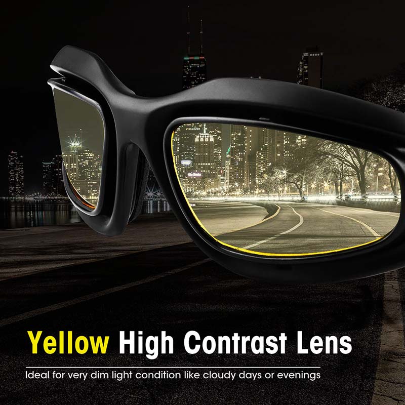 Polarized motorcycle sunglasses by BikerZoneZ UV400 yellow high-contrast lenses; black frame on Tampa Home & Garden Store